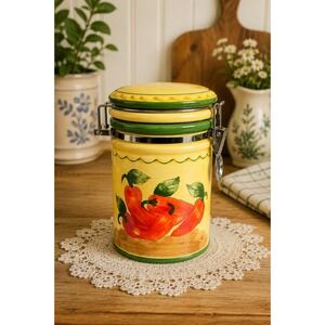 90s Grandmacore Pepper Ceramic Clamp Lid Kitchen Canister 6.5" Farmhouse